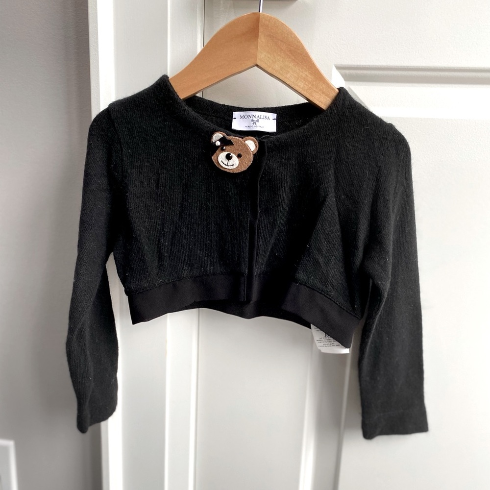 MonnaLisa open front cardigan with teddy bear embellishment. Size:2T
